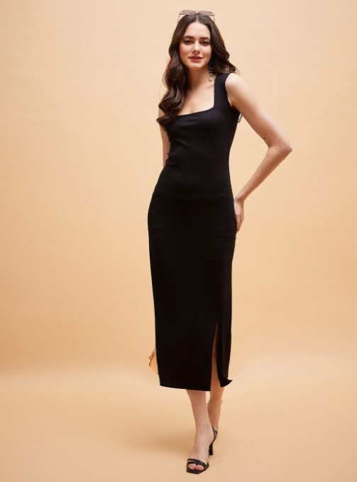 SASSAFRAS BASICS Self Design Shoulder Straps Bodycon Midi Dress